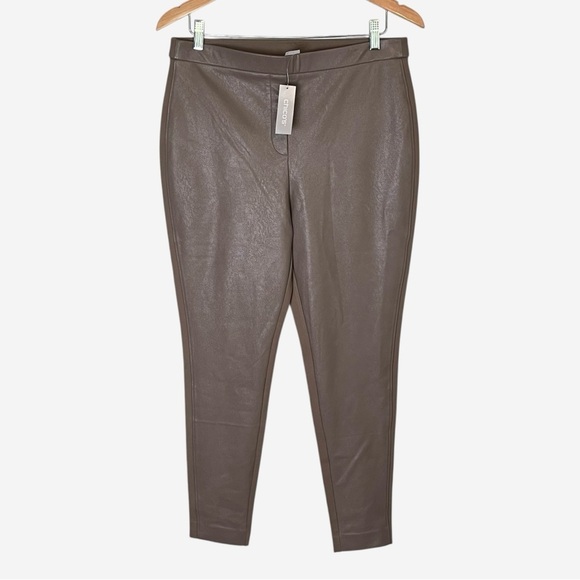 Chico's Pants - Chicos Faux Leather Front Ponte Leggings Size 12 Pull On Elastic Waist Taupe NEW